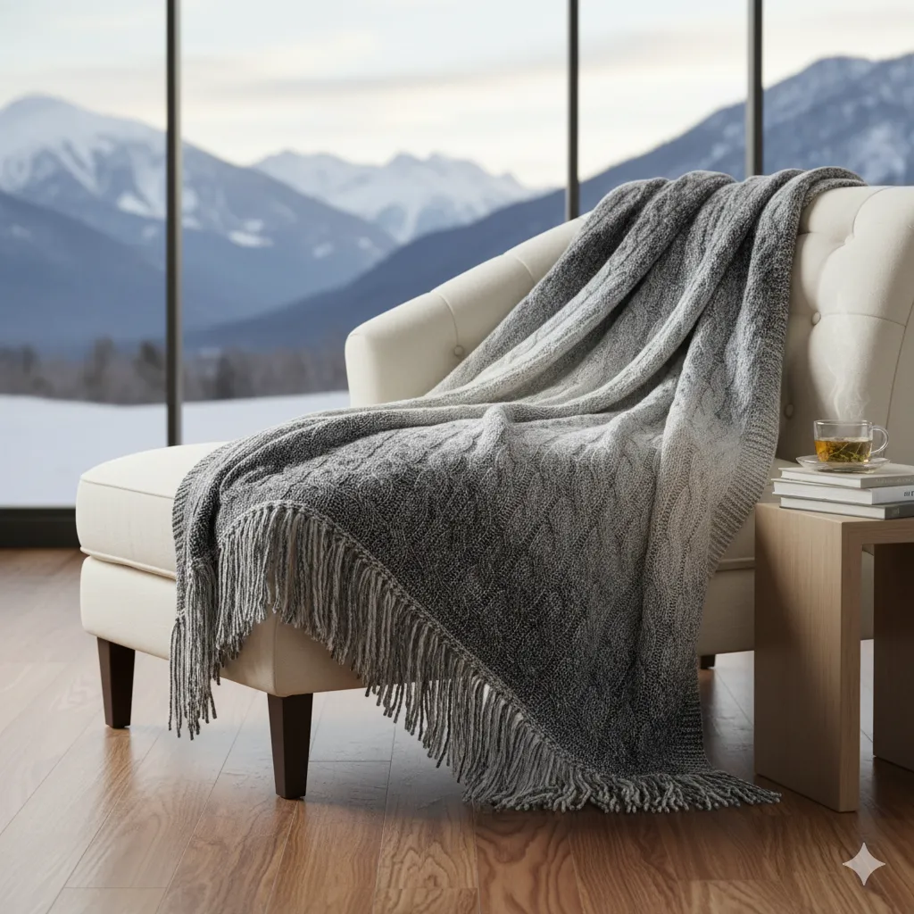 Luxury cashmere throw blanket in soft gray tones