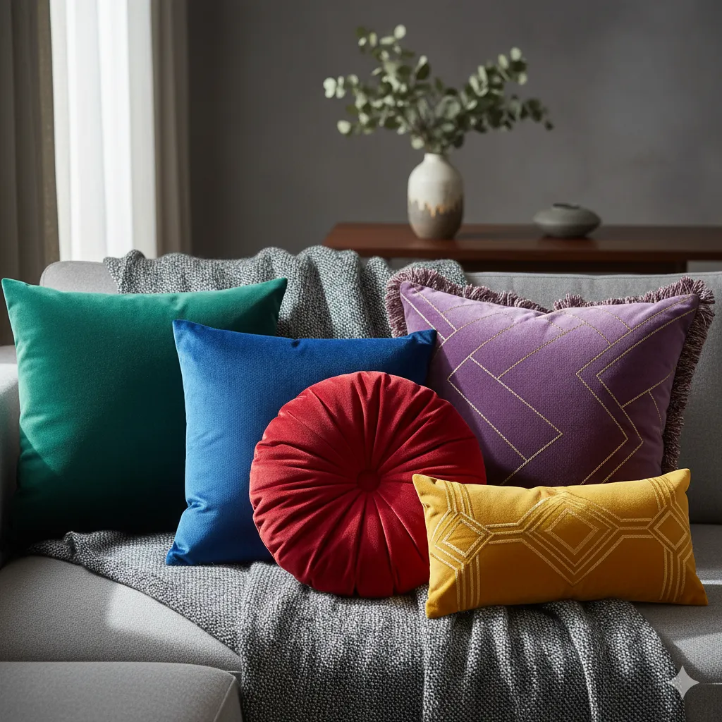 Set of velvet decorative cushions in rich jewel tones